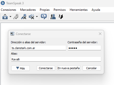 Pantalla de conexión en TeamSpeak 3